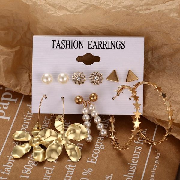 

hoop & huggie vintage tassel gold flower pearl star earring for women bohemian earrings set big dangle drop female fashion jewelry, Golden;silver