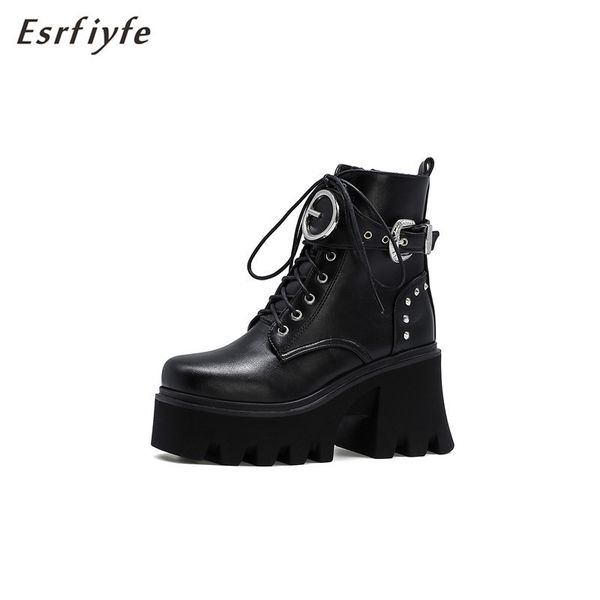 

esrfiyfe 2020 new autumn winter pu leather women ankle boots punk motorcycle boots party shoes woman lace up female short, Black