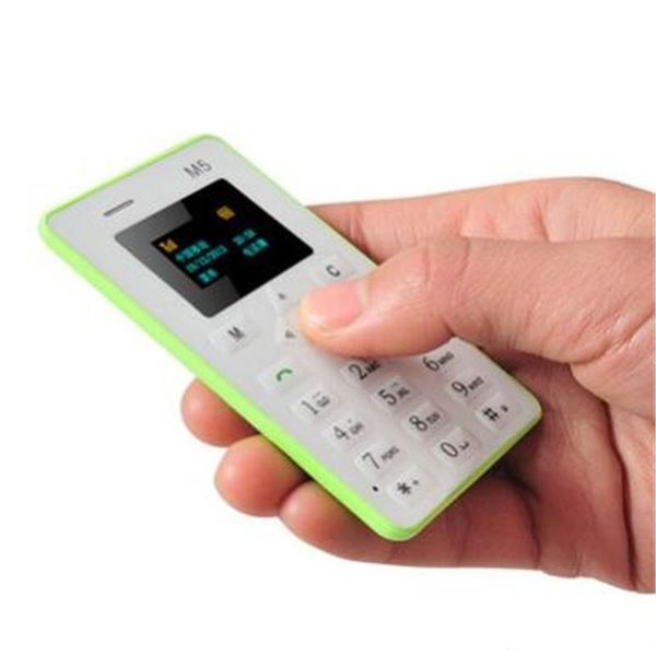 

gsm 4.5mm ultra thin pocket mini phone aiek m5 card cellphone low radiation with black, white, orange , blue color