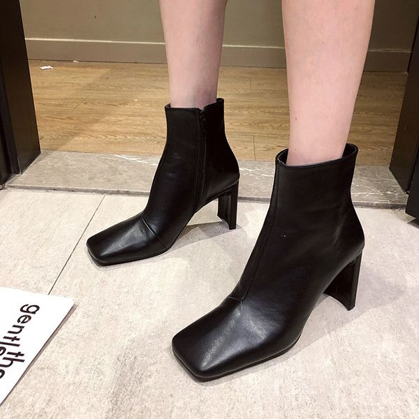 

women's boots autumn booties woman 2020 high heels female shoes zipper boots-women stiletto ladies rubber ankle low square, Black