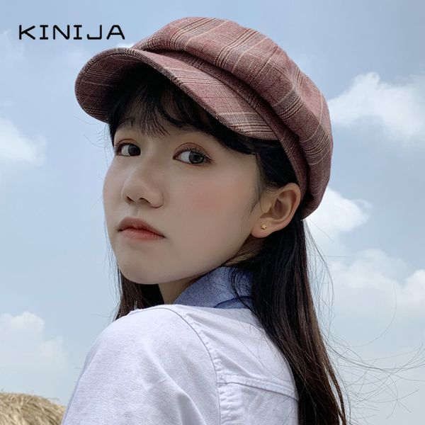 

soft cotton women ladies girls plaid beret autumn winter octagonal cap newsboy caps vintage french peaked hat boinas painter hat, Blue;gray