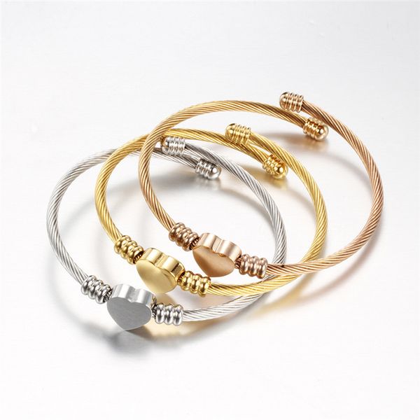 

mling gold stainless steel bracelets for women twisted cable wire heart charm bracelet bangle jewelry mother's gifts bileklik, Black