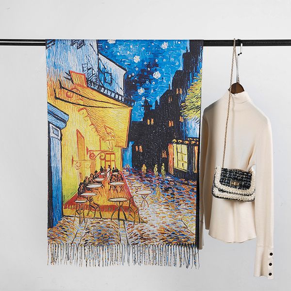 

yilian brand oil painting vase cashmere scarf floral print fashion thick women shawl with tassels, Blue;gray
