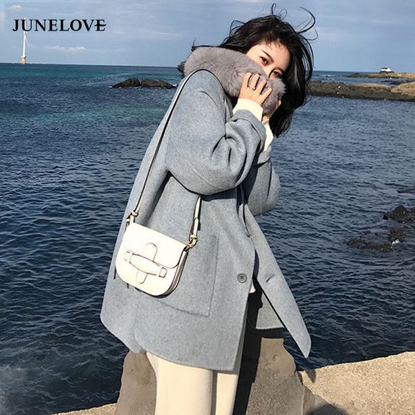 

women's wool & blends junelove casual front-button women woolen coat vintage thick female blend turn-down collar full sleeve winter out, Black