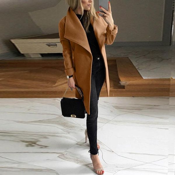 

women's wool & blends winter woolen coats women knee length korean turn down collar simple generous long sleeves belt cardigan overcoat, Black