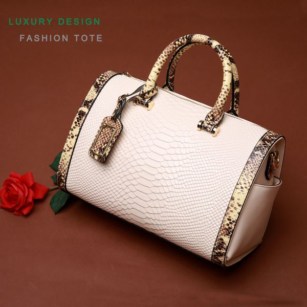 

classic fashion women python pattern leather tote hand bags design boston handbag with luggage tag decoration
