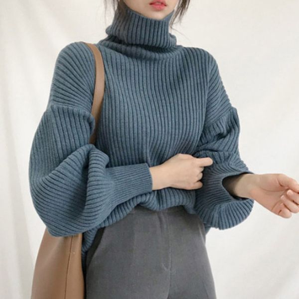 

women's sweaters fashion women pullover loose knitted sweater winter elegance solid lantern sleeve turtleneck comfortable woman knit, White;black