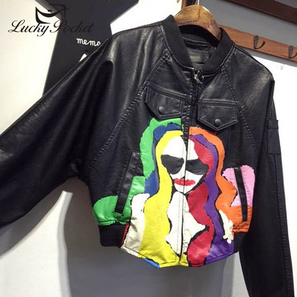 

women spring autumn black loose lapel pu leather coat ladies plus size graffiti print short jacket stand collar outerwear zy442, Black;brown