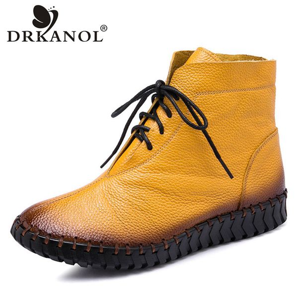 

boots drkanol 2021 autumn winter warm ankle for women handmade genuine leather flat fashion side zipper short, Black