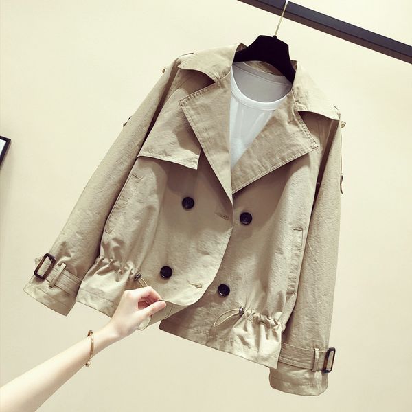 

plus size solid chic epaulets large lapel casual trench coat women spring 2020 new loose double-breasted long sleeve windbreaker, Tan;black