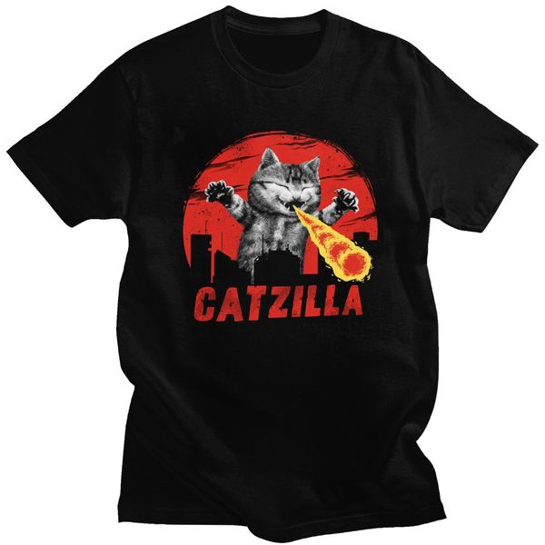 

kawaii catzilla t shirt cute flaming feline cat монстр tshirt мужчины смешной коротким рукавом котенок неко comic tshirt хлопок tee подарков