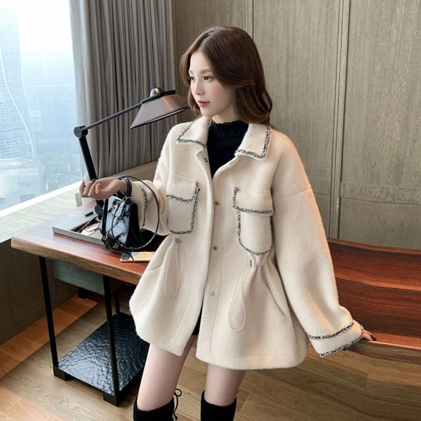 

2020 autumn winter clothing female korean fashion loose lapel hit color drawstring wool coat women short woolen cloth outerwear, Black