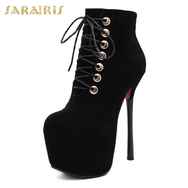 

sarairis fetish sm extreme high heel women shoes winter plush platform shoelaces party boots female ankle boot, Black