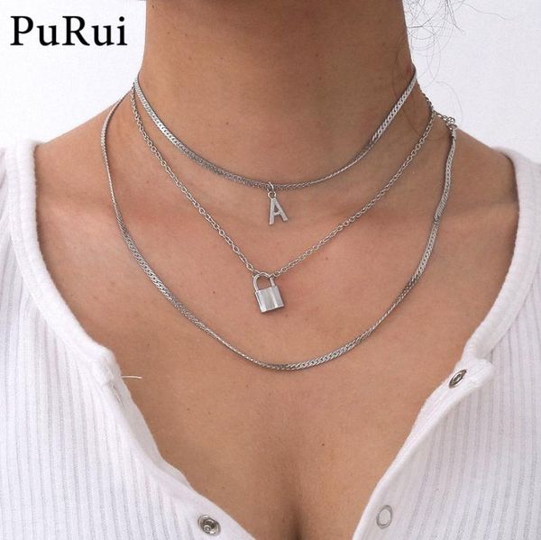 

rock padlock choker necklace 3pcs/set gothic smooth chain layered letter a pedant necklace for men women collar jewelry, Silver
