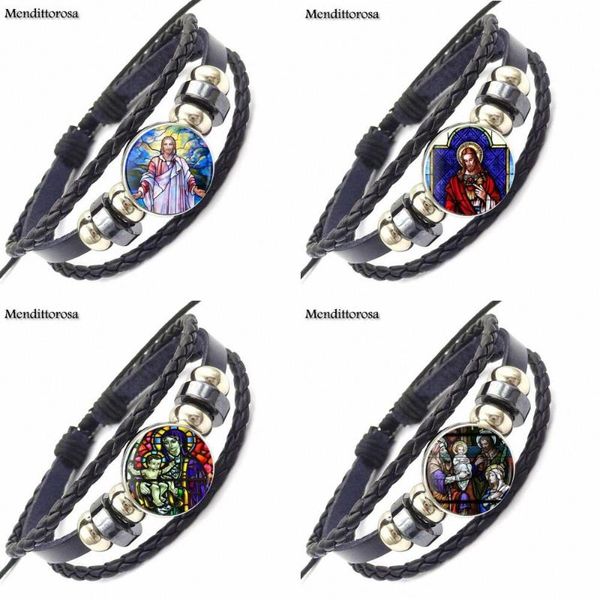 

ej glaze jesus christ praying stained for women wedding brand jewelry black leather bracelet bangle glass dome, Golden;silver