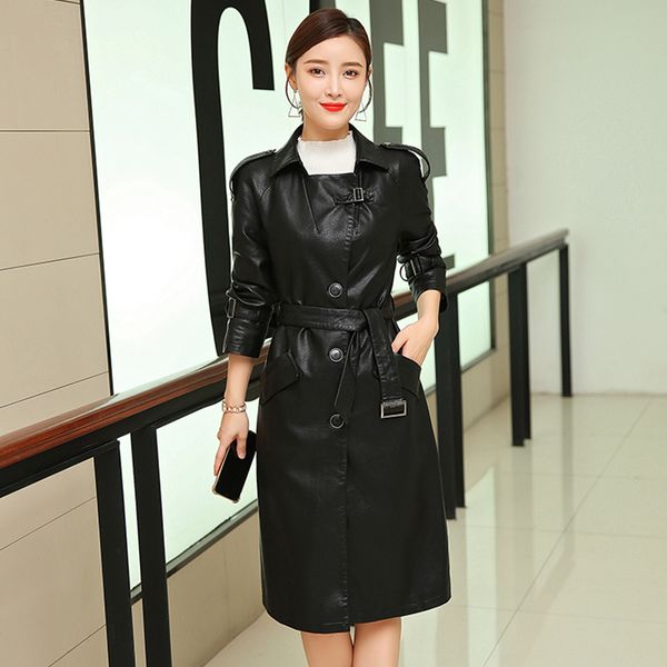 

women's leather & faux long jacket women fashion motorcycle solid coats outerwear tie belt puls size, Black