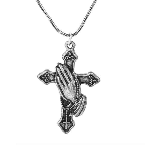 

мода хип-хоп стиль мужчины молиться за крест с обеими руками кулон ожерелье ювелирные изделия классические старинные женщины цепи ожерелья, Silver