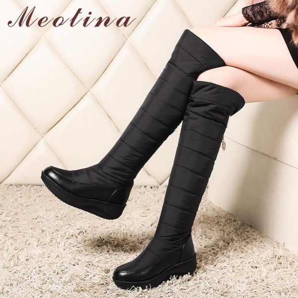 

meotina knee high boots women shoes buckle platform mid heel snow boots wedge heels fur lining ladies long winter blue 44, Black