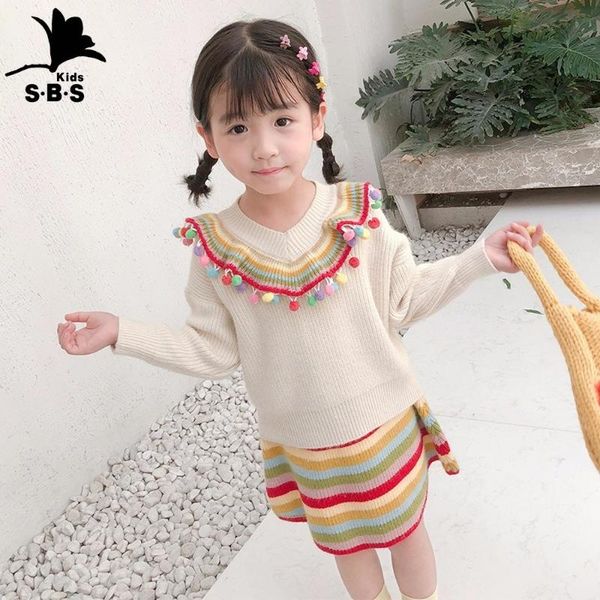 

2020 new fashion baby girl design autumn knitting sweater striped coloful and skirt one set girl cloth girls sweater dress, Blue