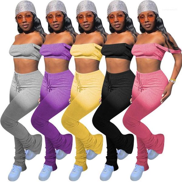 

sets sports style stacked leggings pants slash neck female vest solid color stacked pants matching, White