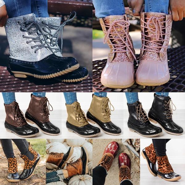 

women boots winter sequined mid calf fur lined lace up ladies boots waterproof thick warm shoes solid female snow booties d40, Black