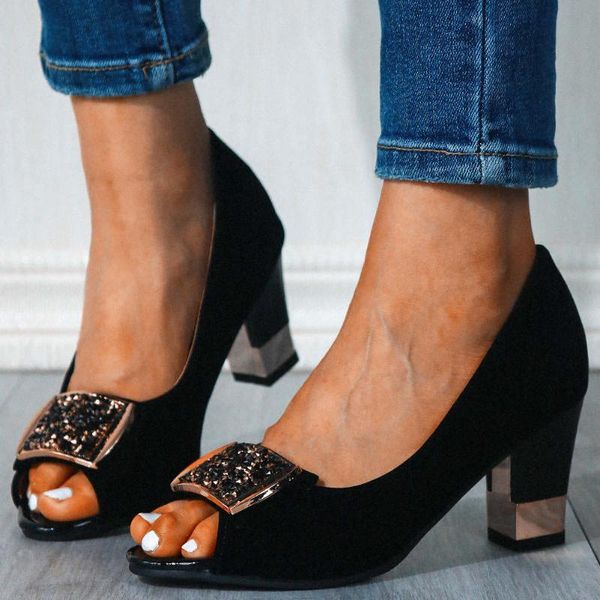 

gigifox 2020 elegant office lady plus size 30-50 customize square high heels summer pumps shoes women, Black