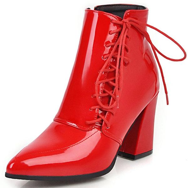 

boots bonjomarisa office lady pointed toe lace up high heels ankle solid brand designer women fashion shoes woman, Black