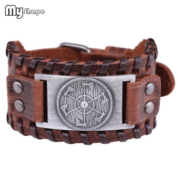 

my shape round six axe brown genuine leather weave bracelet nordic wristband buckle bracelets adjustable vintage men's jewelry, Black