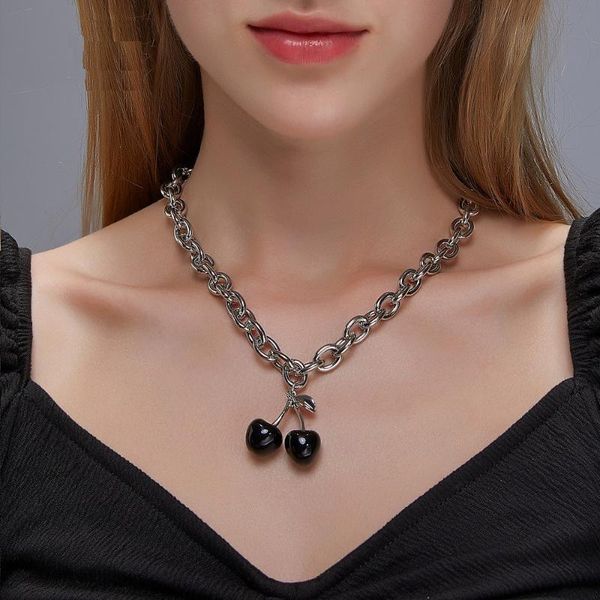 

new kpop black cherry necklace for women halloween goth thick chain necklaces fruit pendant choker fashion clavicle chain gift, Silver