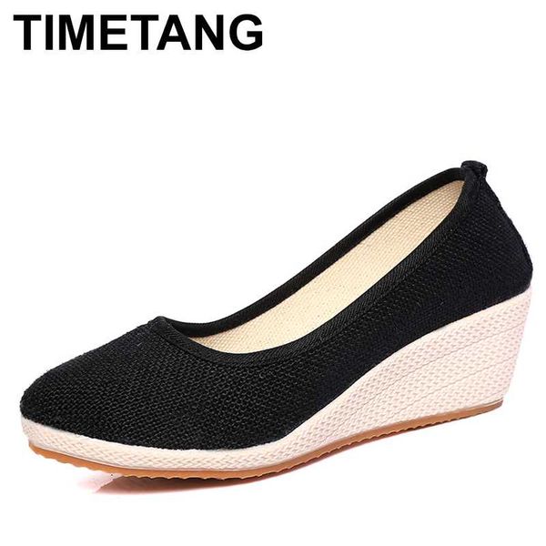 

timetang handmade platform canvas cotton women's shoes slip on shallow women high heels woman wedges shoes summer solid pumps, Black