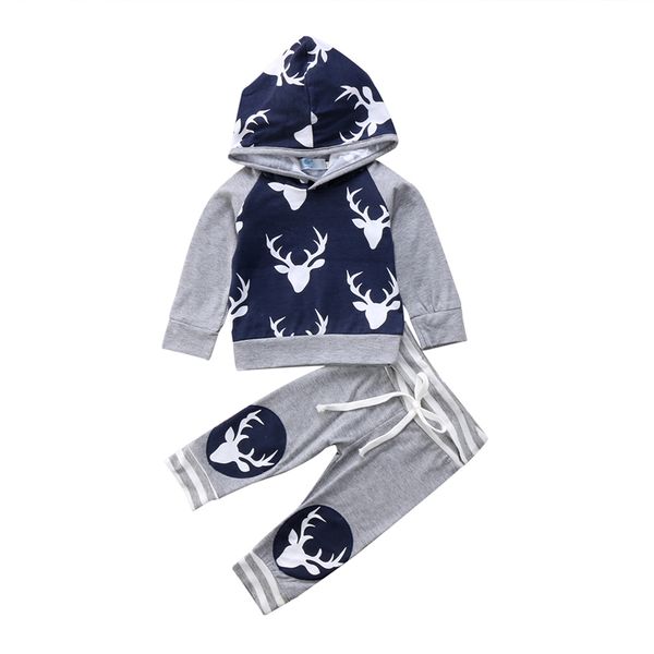 

2020 autumn toddler kids baby boys clothes set long sleeve deer hooded sweatshirt pants outfits set clothes, White