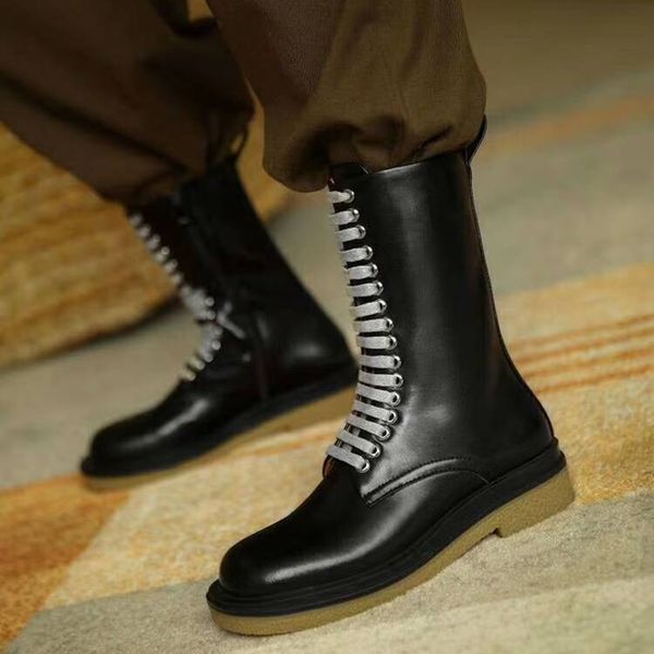 

2020 latest luxury genuine leather knee-high boots women round toe lace up flat motorcycle botas runway shoes, Black