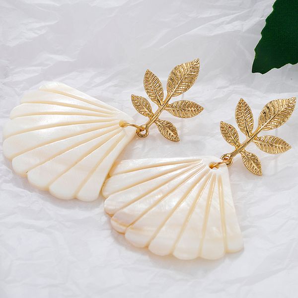 

amorcome trendy white shell big drop dangle earrings for women fashion jewelry 2020 gold leaves statement earrings accesorries, Silver