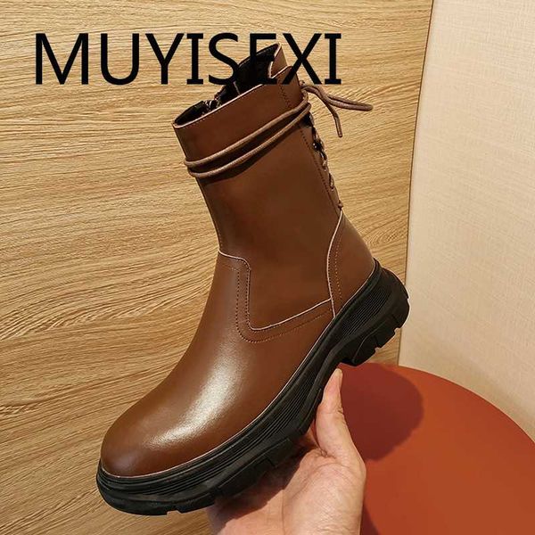 

handsome lady genuine leather platform round toe 4cm thick med heel lace up zipper mature motorcycle ankle boots ldi27 muyisexi, Black