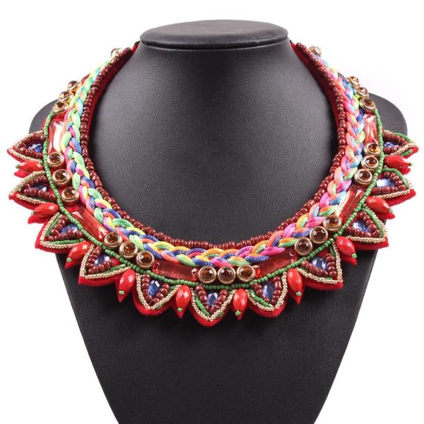 

new model fashion vintage colorful choker necklace for women string braided cotton bead crystal necklace jewelry on party, Golden;silver