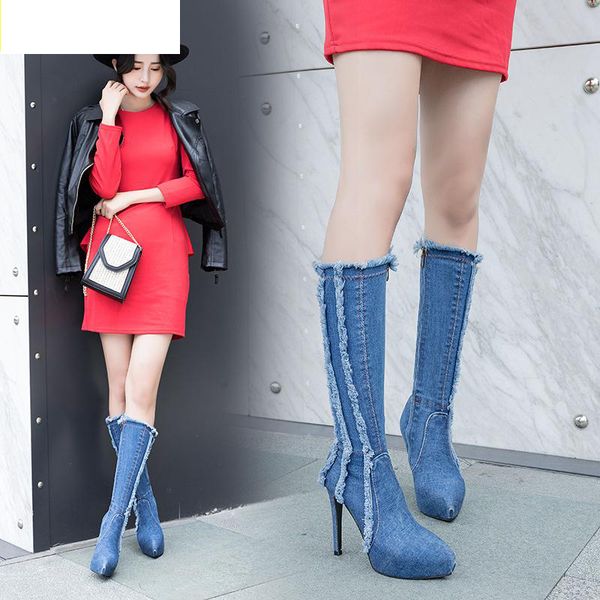 

12cm women boots high heels spring autumn high stiletto jeans boots platform zip denim mid-calf high knee boots, Black