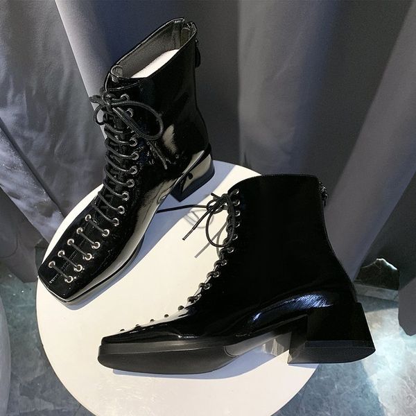 

2020 autumn female mid-calf boots fashion lace-up mid-heel women's boots women's square head zipper pu zapatos de mujer, Black