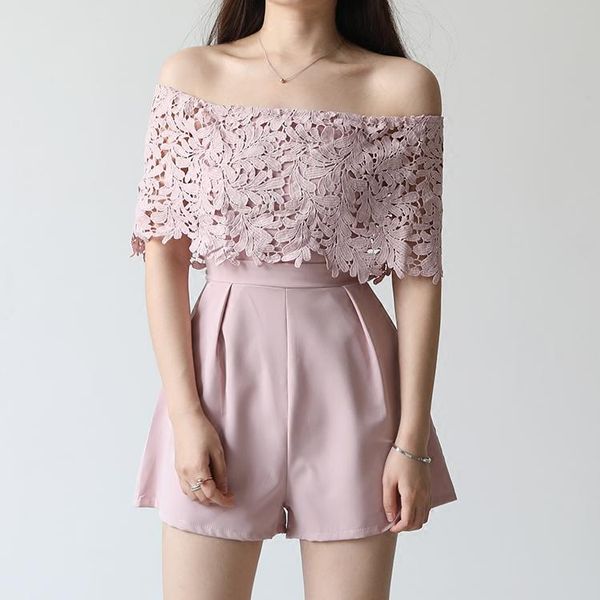 

junmpsuits summer women new korean off shoulder lace patchwork playsuits high-waist beho beach shorts bodysuits-a, Black;white