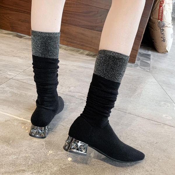 

women's pointed shoes square heeled elastic boots fashion over-the-knee boots zapatos de mujer de moda 2020#3, Black