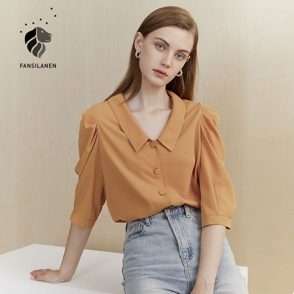 

fansilanen puff sleeve vintage blouse shirt women elegant office lady white shirt autumn v neck green vintage blouse female