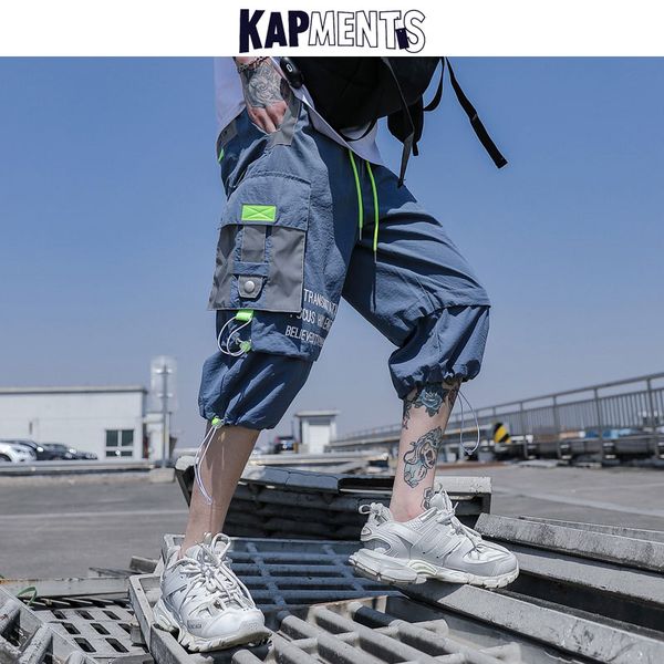 

men's shorts kapments men multifunction joggers 2021 summer streetwear hip hop ribbon pants fashions black loose harem, White;black