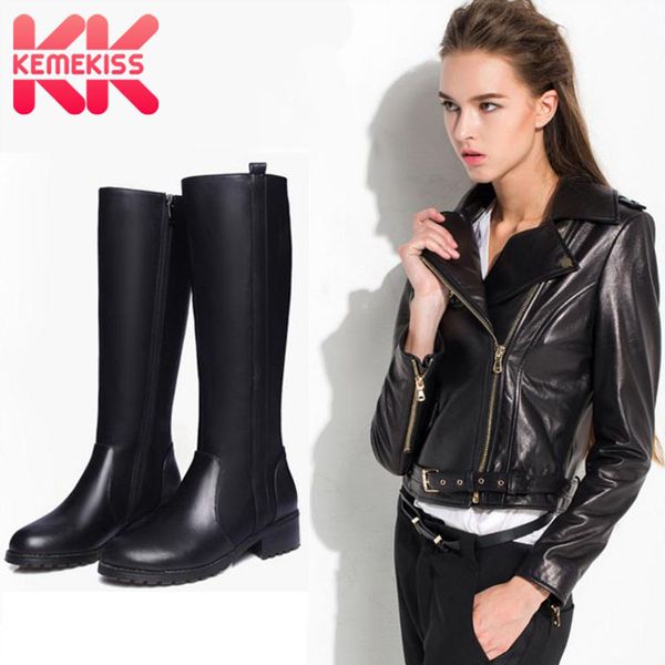 

kemekiss women flats boots real leather winter women's shoes zipper fur knee high boots fashion office ladies shoes size 33-44, Black