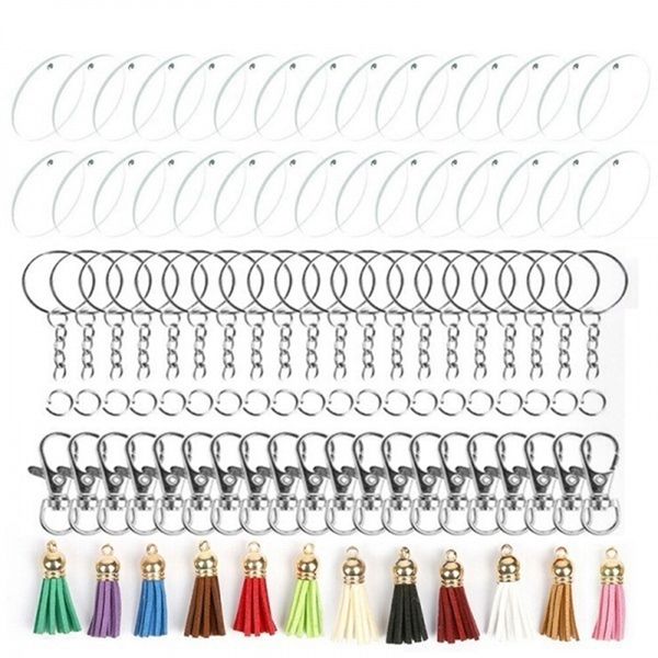 

132pcs/set clear acrylic circle discs kits keychain blanks + keychain tassels, Silver