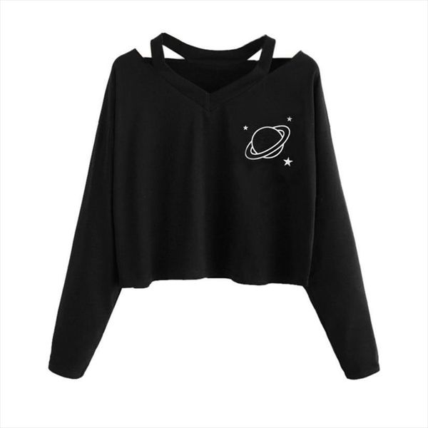 

autumn short sweatshirt women casual broadcloth sell planet printed v neck shirt long sleeve blouse crop wholesale, Black