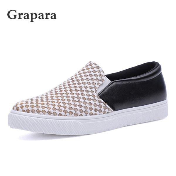 

casual shoes woman sneakers women shoes slip on flats breath leather mix color flat platform loafers ladies grapara, Black