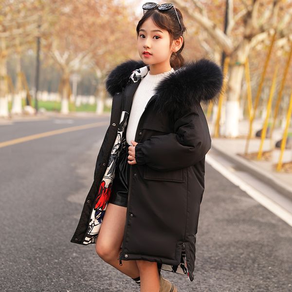

reversible design winter girl down jackets fashion children warm down parkas coat real fur kid teenager outerwear -30degree, Blue;gray