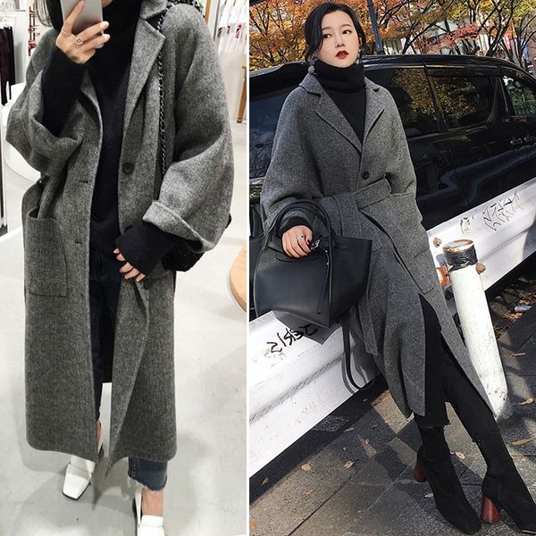 

2020 fashion wide lapel women winter coat with belt loose women woolen blend winter coat manteau femme xs, Black
