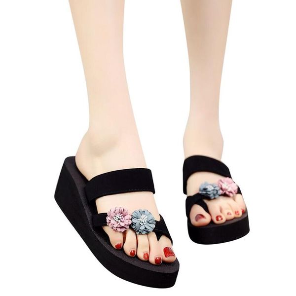 

women's flip flops summer bohemian shoes woman clip toe flip flops non-slip wedges slippers beach shoes #3, Black