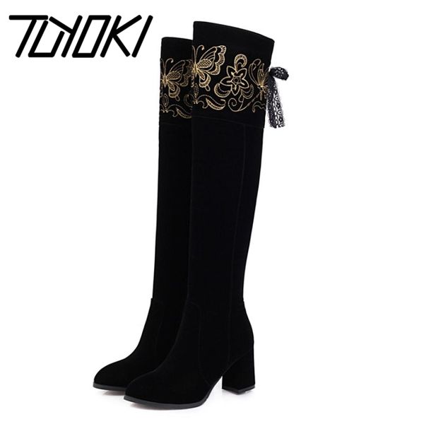 

tuyoki new fashion women over the knee boots round toe thick high heel zipper flower pattern shoes ladies footwear size 33-43, Black