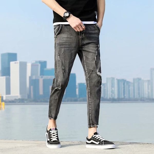 

spring and summer new korean style ripped men's ankle youth jeans and jeans casual slim fit micro elastic pants ripped pants men's, Blue